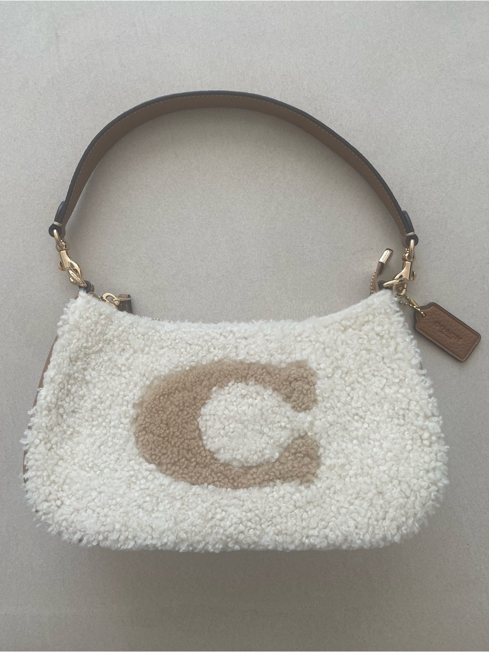 Coach Cream Shearling Hobo shoulder bag with Tan 'C' Accent